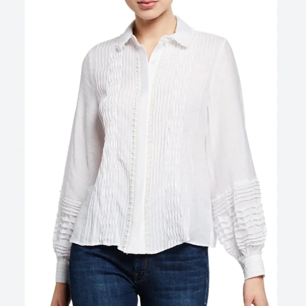 Alexis Greyson Smocked Lace Long Sleeve Button Up Collared Blouse Top